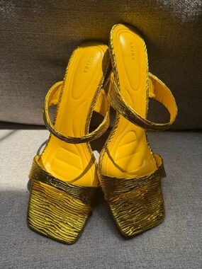 AKIRA Metallic Gold Textured Square-Toe Slingback Heels